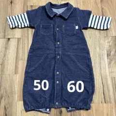 ネイビー ストライプ　デニム　長袖ロンパース　50 60
