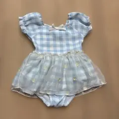 水色チェック 水着 90cm 女の子