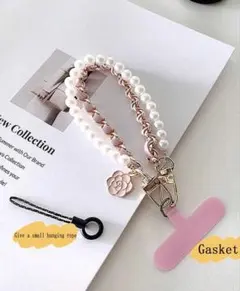 パール チェーン スマホストラップ ピンク 花 チャーム付き ハンドストラップ