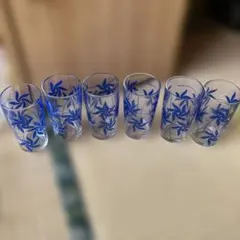 青い花模様のガラスコップ6個セット　昭和レトロ