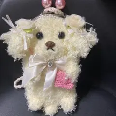 ロングファー編み犬がま口ポーチ　スマホポシェット　ペットボトルホルダー