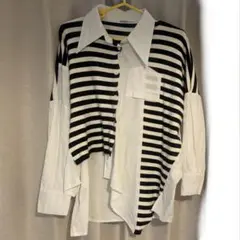 XOXO-kisskiss- アシンメトリック白黒ストライプ長袖シャツ
