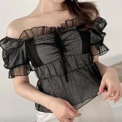 オフショルダー チェック柄 フリル トップス ギンガム ブラック 韓国