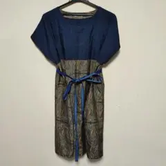 (着物リメイク)大島地 ネイビーと柄模様の半袖チュニック