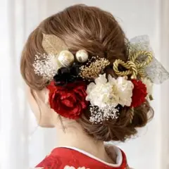 髪飾り 成人式 〜ピオニー赤☆黒〜 紐リボンドライフラワー 卒業式 振袖 水引のサムネイル