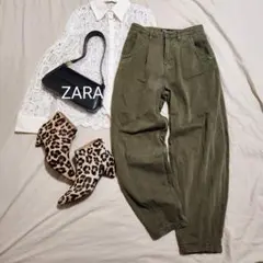 ZARA タック入りカーブデニムパンツ オリーブ ワイドレッグ USA2
