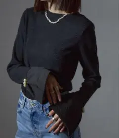 【新品】フレアジャガードベルスリーブリブニットプルオーバー ブラック