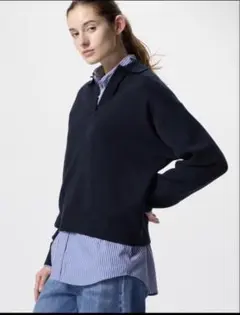 uniqlo スムースコットンリラックスポロセーター navy XL