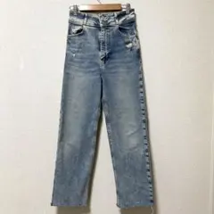 ZARA　ダメージ ストレート ストレッチデニム 切りっぱなし　ブルー系