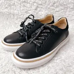 極美品LANVIN en Bleu 厚底 レザースニーカー 黒 ロゴ紐 スタッズ