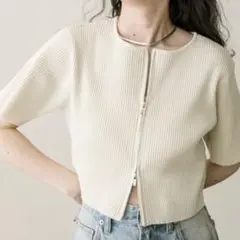 mystic 半袖Wジップニット カーディガン リブ ショート丈 アイボリー