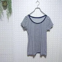 【ピーチジョン】ボーダー 半袖 綿 白 紺 ユーネックのサムネイル