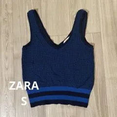 ZARA ネイビー、ブルーおしゃれなデザイン♡VネックニットベストS