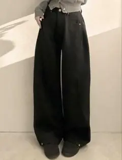 ブラック ワイドパンツ ハイウエスト カジュアル