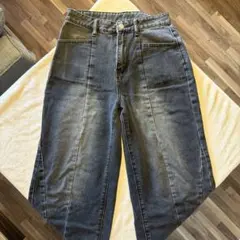 ダークブルー ハイウエスト ワイドレッグデニム