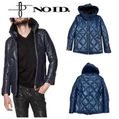 新品同様 NO ID レザー キルティング パデット フーデッド ジャケット 紺