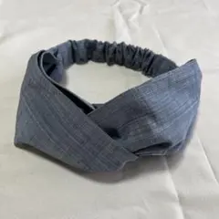 着物リメイク（クロスヘアターバン）紬　正絹　薄紺色　光沢あり　No.111