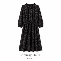 【最終価格】花柄　シフォン　ロングワンピース　フリルネックシャーリング　パフ　M