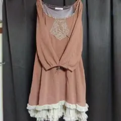 axes femme ブラウン レース装飾 七分袖ワンピース