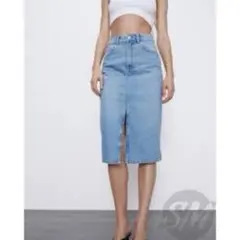 ZARA デニムタイトスカート ひざ丈 スリット入りのサムネイル