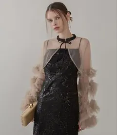 【LEJA】フリルチュールスリーブリボンIラインワンピースドレス