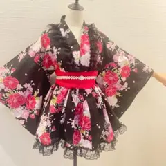 浴衣ドレス 姫ギャル 地雷 量産 平成 花柄 レース かわいい 黒 ピンク