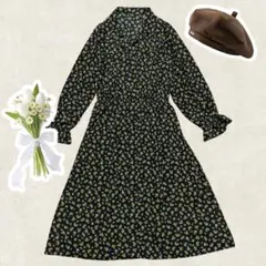 レトロ　シャツワンピース　キャンディースリーブ　小花柄　総柄　ウエストゴム