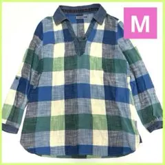 長袖 シャツ M ブラウス チュニック ブルー グリーン パッチワーク柄