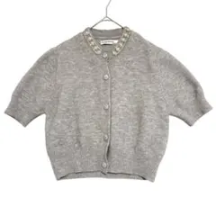 Fengnibuke ビジュークルーネック ニットカーディガン　グレー