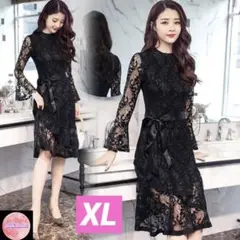 ♦️人気　XL レディース　 膝丈 総レース　ドレス　ブラック　美脚効果　結婚式