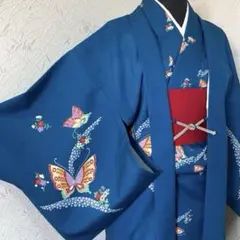 アンサンブル　羽織付き着物　単衣　青　カジュアル　普段着　バチ襟　蝶