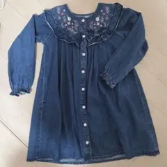 120 デニム　,花柄　刺繍フリルワンピース（長袖）