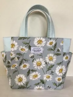 ハンドメイド　マーガレット柄＆水色　ミニトートバッグ