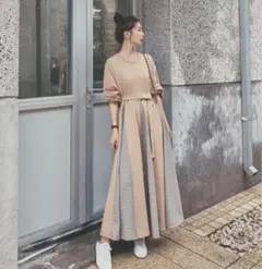 ロングワンピース　ベージュ✖︎チェック柄ウエストベルト付　秋　韓国ファッション