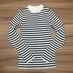 白黒ストライプ リブ編み ハイネックセーター