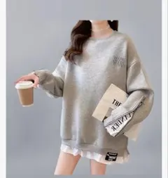 ✨新品✨レイヤード風 スウェット グレー オーバーサイズ 可愛い 美品 Lサイズのサムネイル