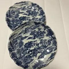 青い風景画 波形皿 2枚セット