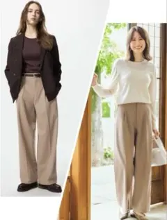 ★超美品★ユニセックスUNIQLO タックワイドパンツsizeS ベージュ