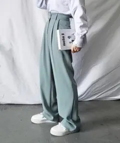 ミームセレクト ハイウエストタックワイドパンツ くすみグリーンxs