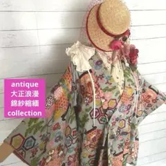 6463◆【逸品】アンティーク着物袷　金紗縮緬 宝袋　吉祥四季花 大正ロマン 6463◇【逸品】アンティーク着物袷 金紗縮緬 宝袋 吉祥四季花 大正