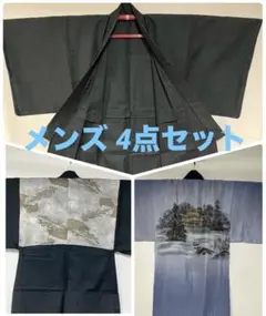 N247 メンズ 美品 紬 着物アンサンブル・羽織紐・長襦袢 4点
