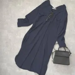 Vネック ロングワンピース フリーサイズ きれいめ とろみ　ネイビー