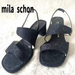 mila schon ブラック サンダル チャンキーヒール ロゴ総柄