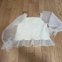 シアーチュールトップス シャーリング パフスリーブ フリル アイボリー 韓国風