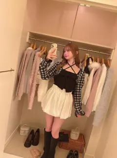 チェック柄シャギーボレロ×ホルタ-ネックリボンキャミソールニットアンサンブル
