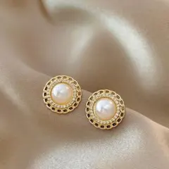 ワンポイント♡　ゴールド　ピアス　パール　シンプル　模様　レディース　S925
