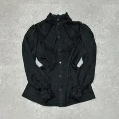 長袖ブラウス フリル バンドカラー 光沢感 L クラシカル 日本製 90s