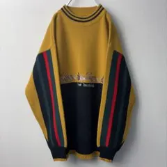 【90s】バイカラー デザインニット L 日本製 ネイビー マスタード 派手