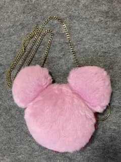 ディズニー　ミッキー もこもこ ショルダーバッグ　ピンク　ボルドー　チェーン