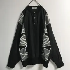 日本製 90s 古着 麻100 ニット切替 プルオーバーシャツ 長袖メンズL 黒